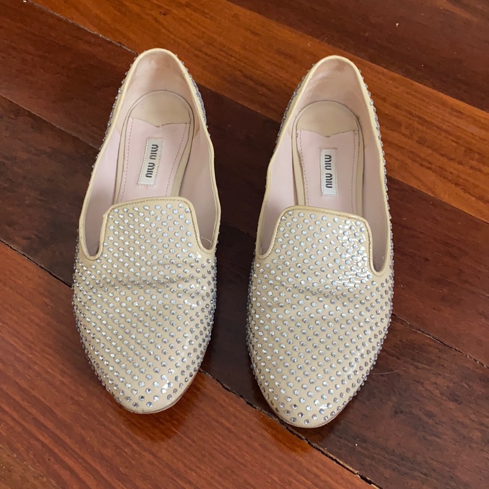 Miu miu flats women crystal gold flats leather
